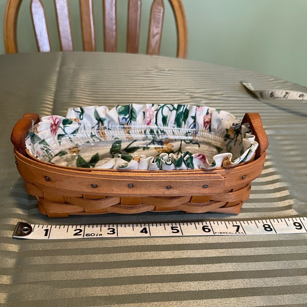 Longaberger Oval Basket with Leather Handles and Floral Liner - Natural Brown